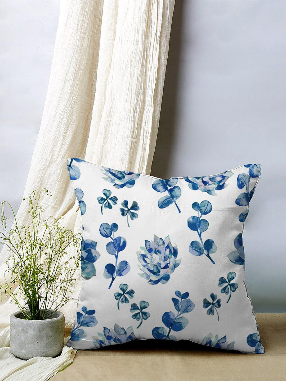 

SPACES Elegant Blue & White 3 Pcs Floral Velvet Square Cushion Covers
