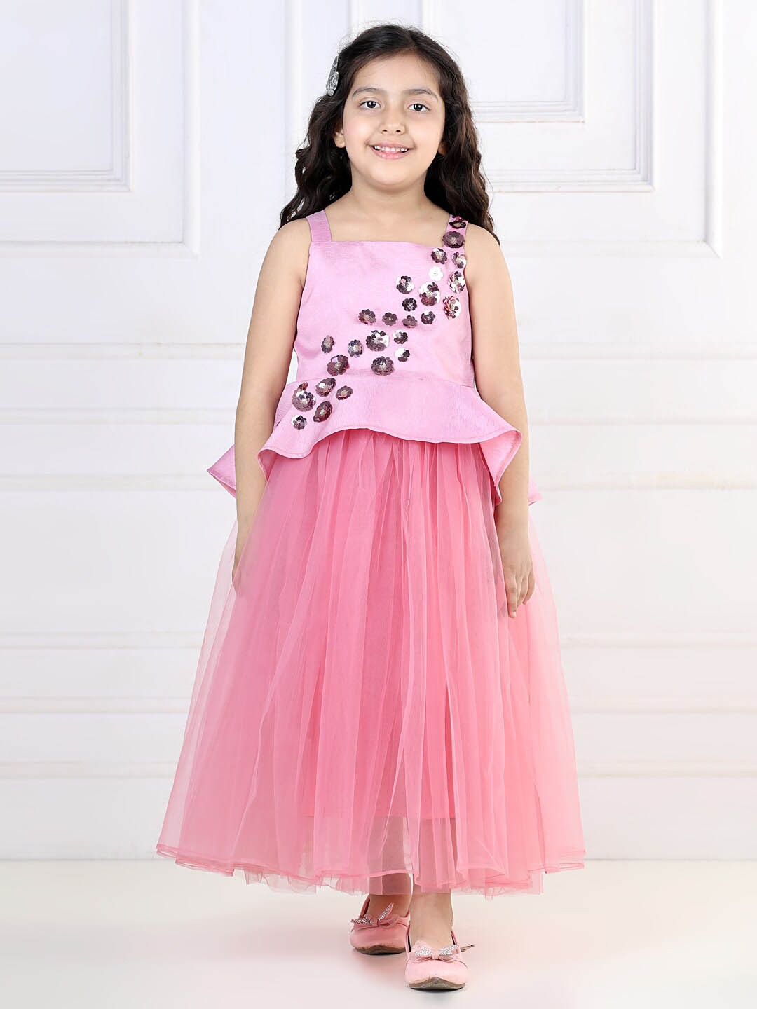 

Toy Balloon kids Girls Embellished Net Sleeveless Maxi Fit and Flare Dress, Pink