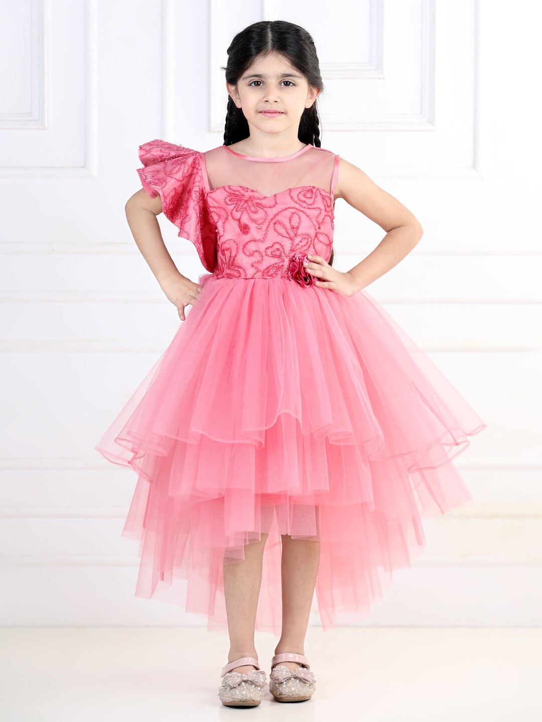 

Toy Balloon kids Girls Embellished Net Midi Fit and Flare Dress, Pink