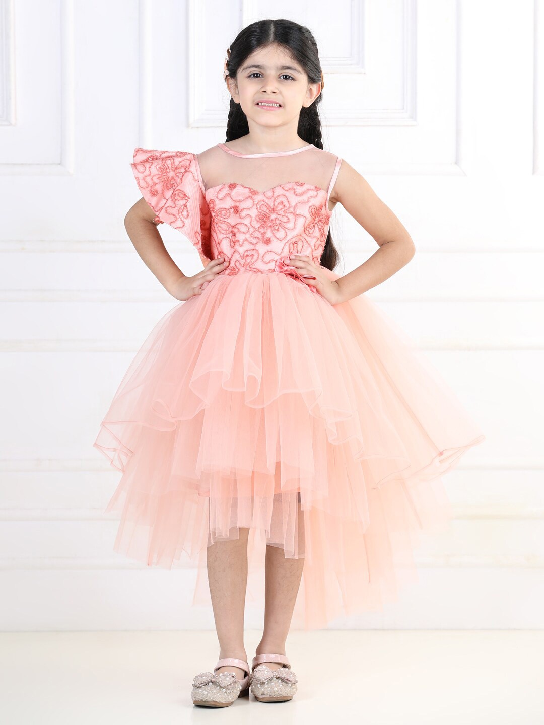 

Toy Balloon kids Girls Embellished High Low Tulle Fit & Flare Midi Dress, Peach