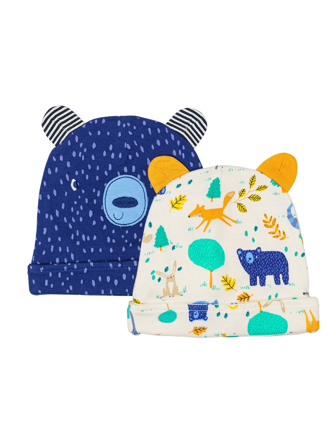 

H By Hamleys Infants Kids Pack Of 2 Printed Cotton Beanie, Blue