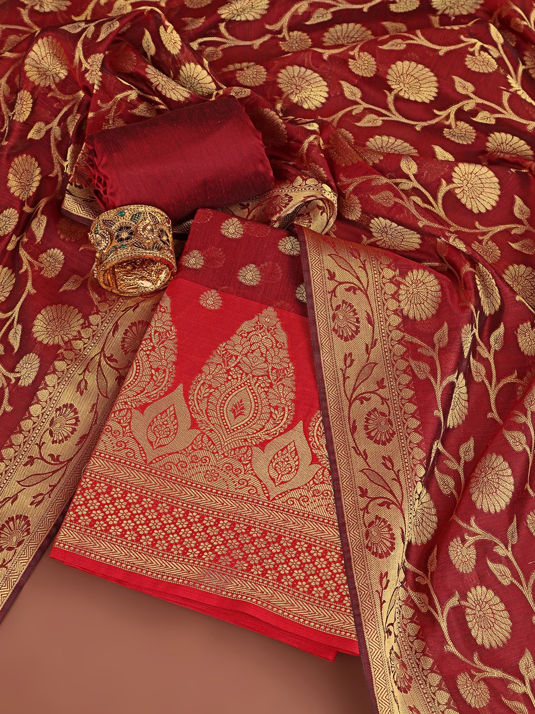

Inddus Woven Design Chanderi Cotton Zari Unstitched Dress Material, Maroon