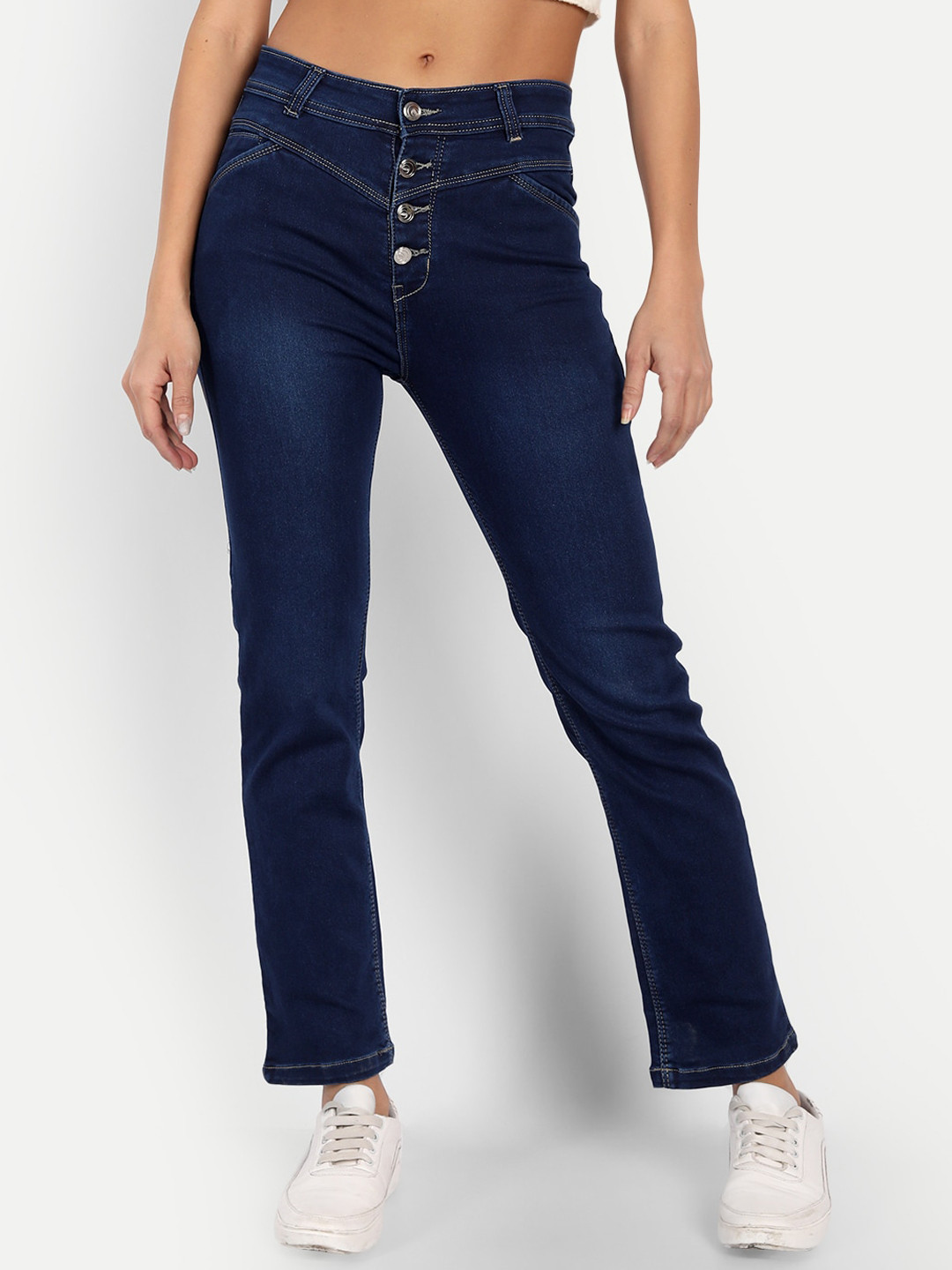 

BROADSTAR Women Jean Straight Fit High-Rise Stretchable Cotton Jeans, Navy blue