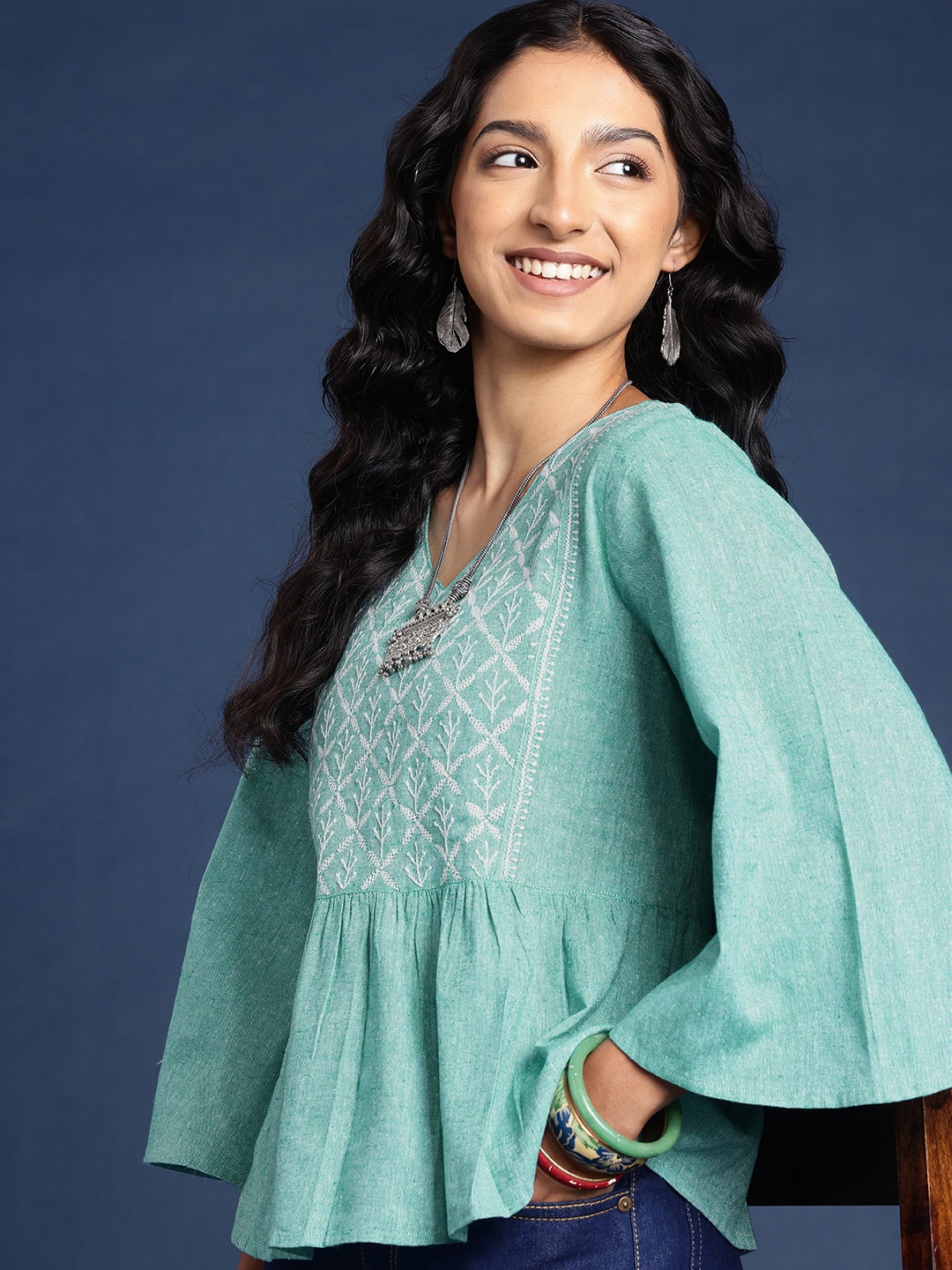 

Taavi Chikanakari Embroidered A-Line Top, Turquoise blue