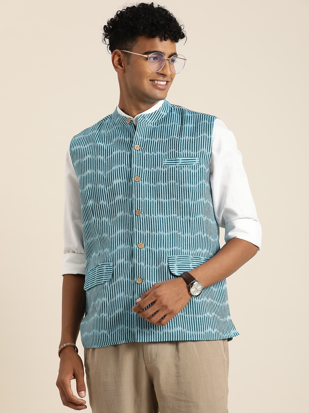 

Taavi Men Ikat Woven Design Mandarin Collar Nehru Jacket, Teal