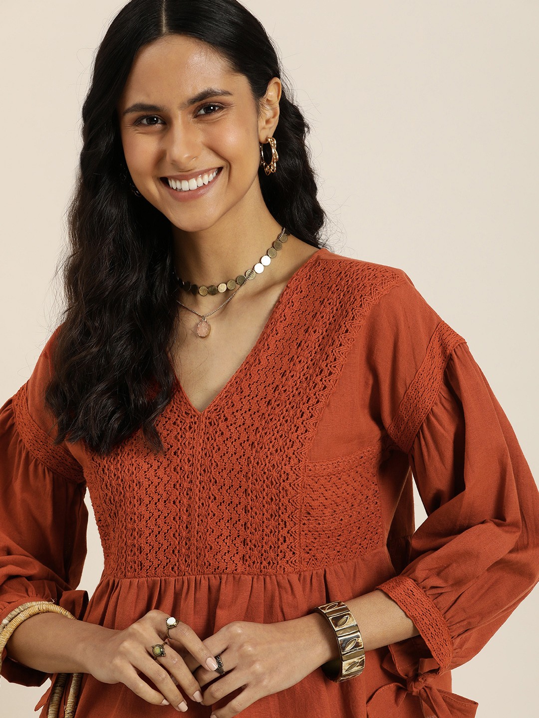 

Taavi Woven Legacy Puff Sleeves Cotton-Linen Peplum Top, Rust