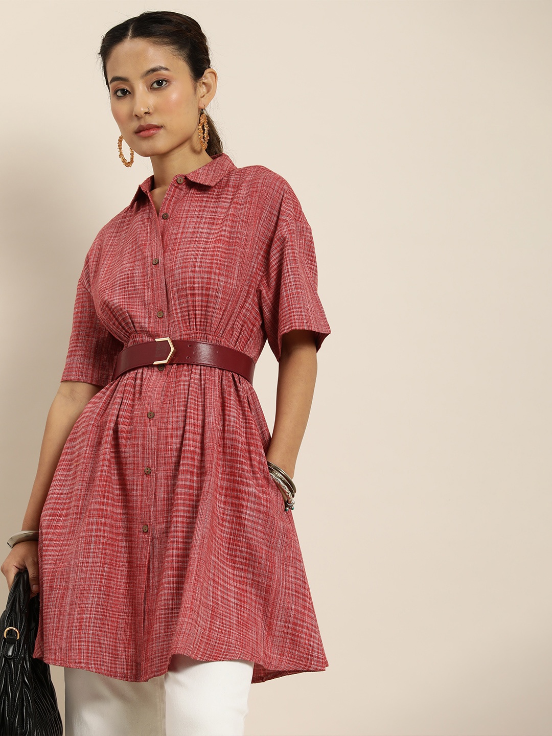 

Taavi Woven Legacy Checked Shirt Collar Pure Cotton Kurti, Red