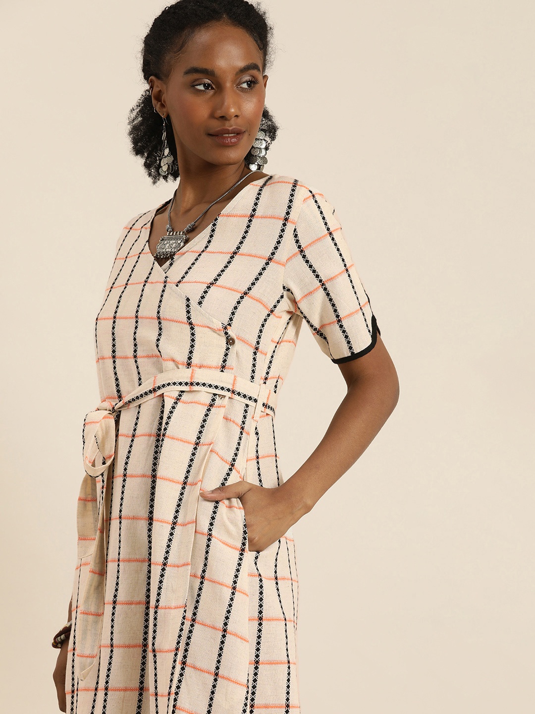 

Taavi Woven Legacy Checked V-Neck Wrap Ethnic Dress Comes With A Belt, Beige