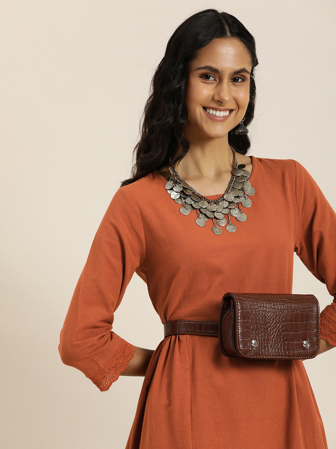 

Taavi Solid Cotton Linen Woven Legacy A-Line Ethnic Dress, Rust