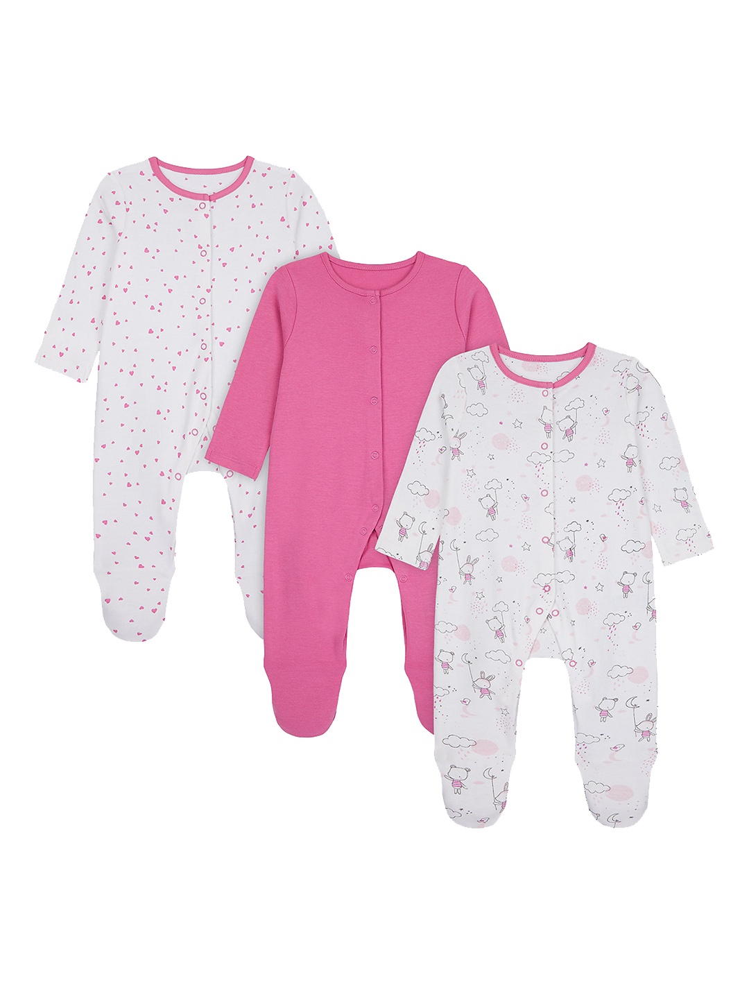 

mothercare Infant Girls Pack Of 3 Printed Cotton Sleepsuits, White