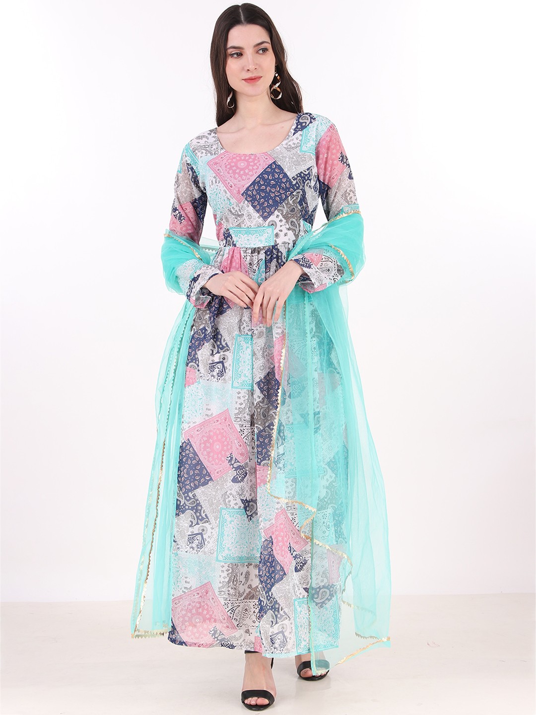 

KALINI Ethnic Motifs Printed Georgette Anarkali Kurta With Dupatta, Grey