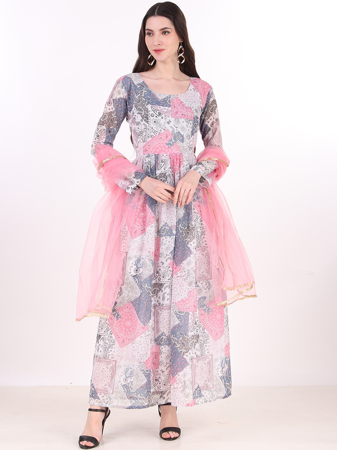 

KALINI Abstract Printed Georgette Anarkali Kurta With Dupatta, Grey