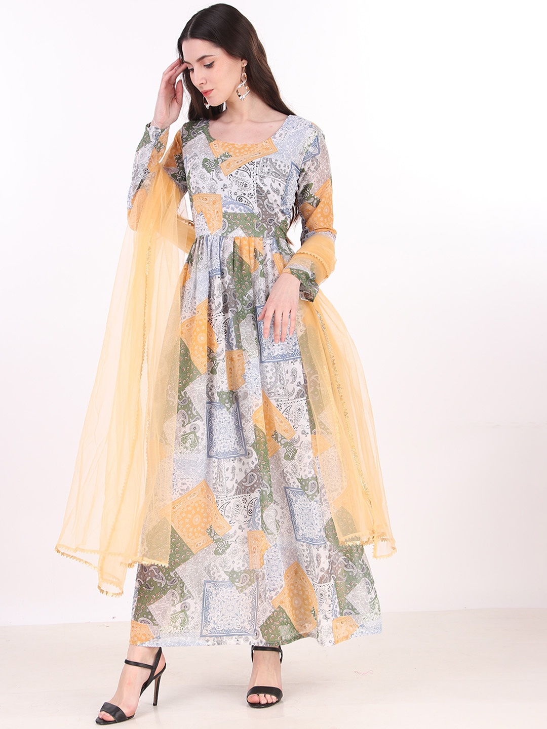 

KALINI Paisley Printed Georgette Anarkali Kurta With Dupatta, Grey