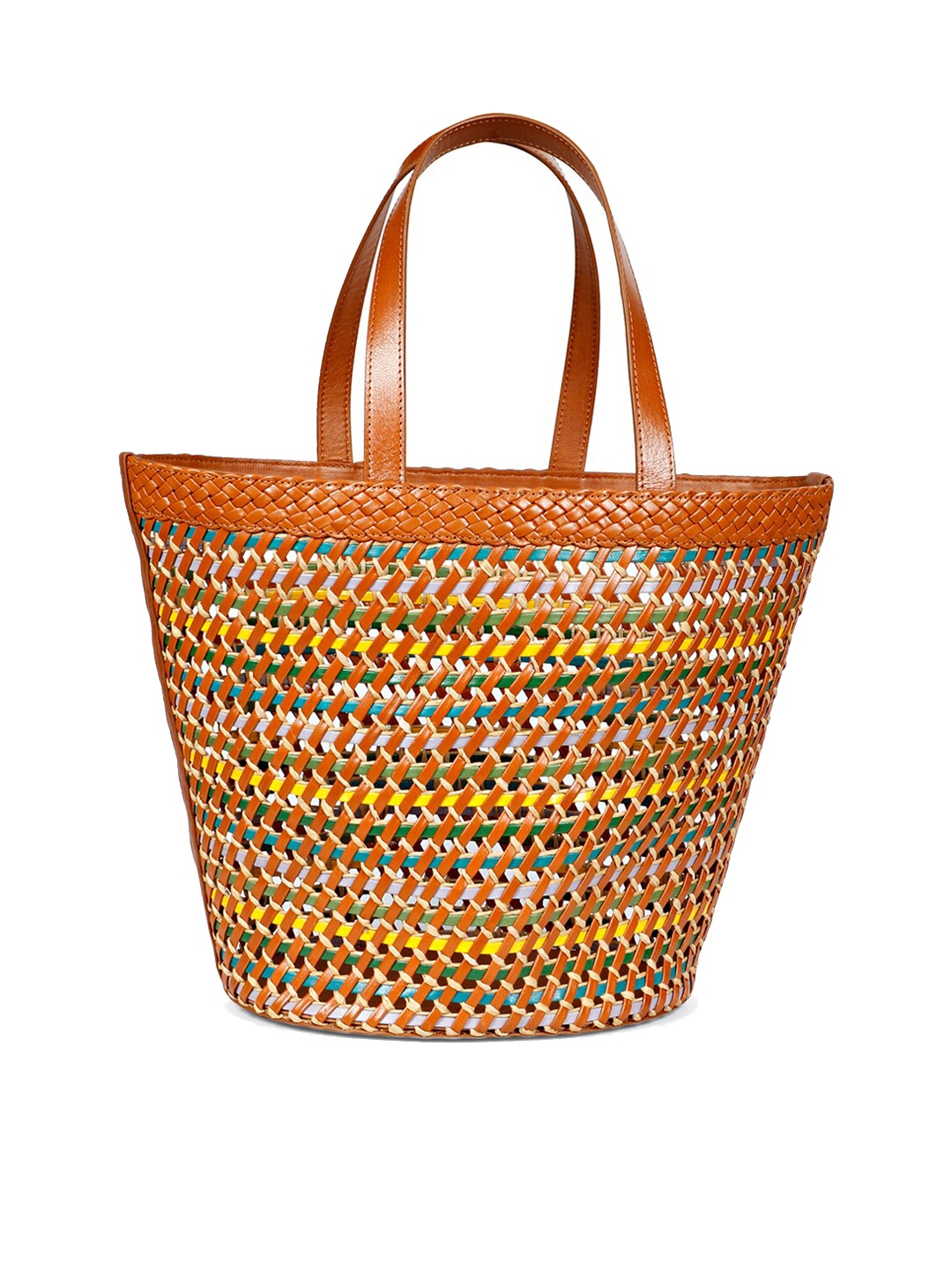 

Saint G Geometric Leather Shopper Tote Bag with Cut Work, Tan