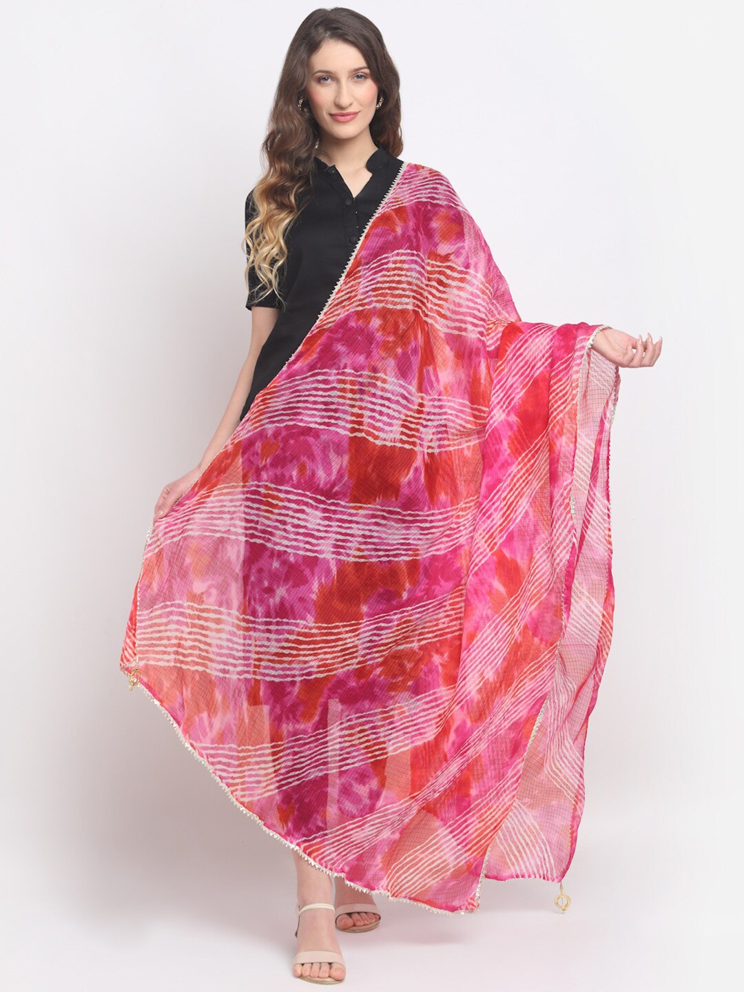 

SOUNDARYA Striped Leheriya Dupatta, Pink