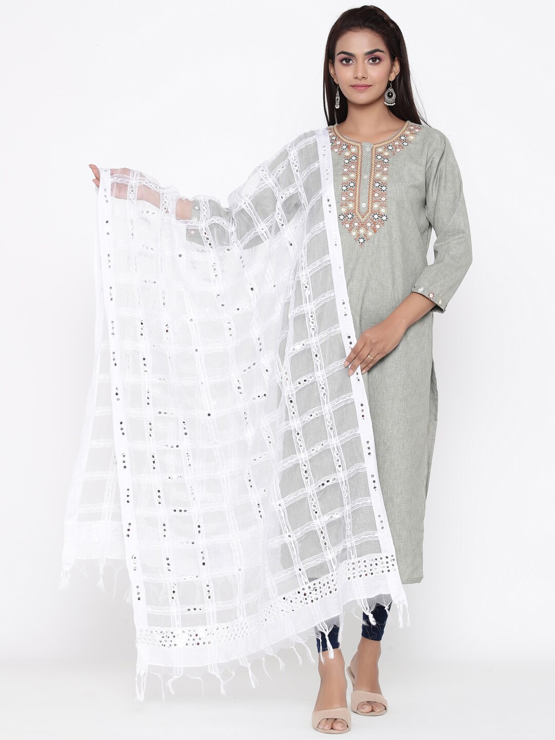 

SOUNDARYA Checked Organza Dupatta with Mirror Work, White