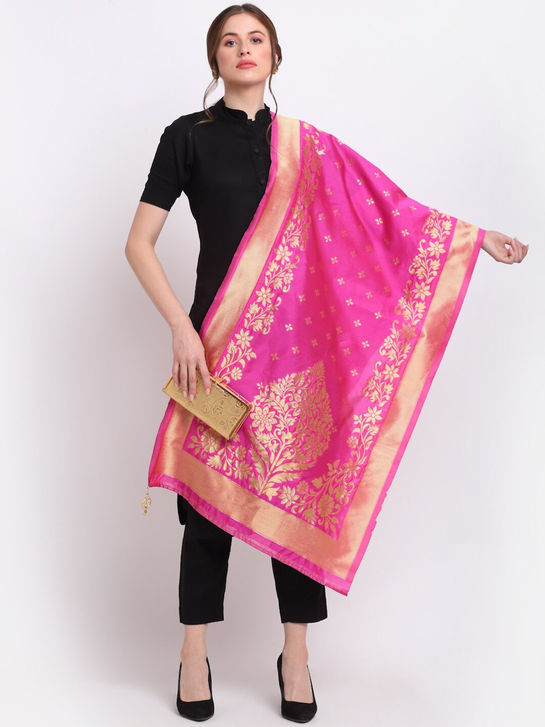 

SOUNDARYA Woven Design Cotton Silk Dupatta with Zari, Pink