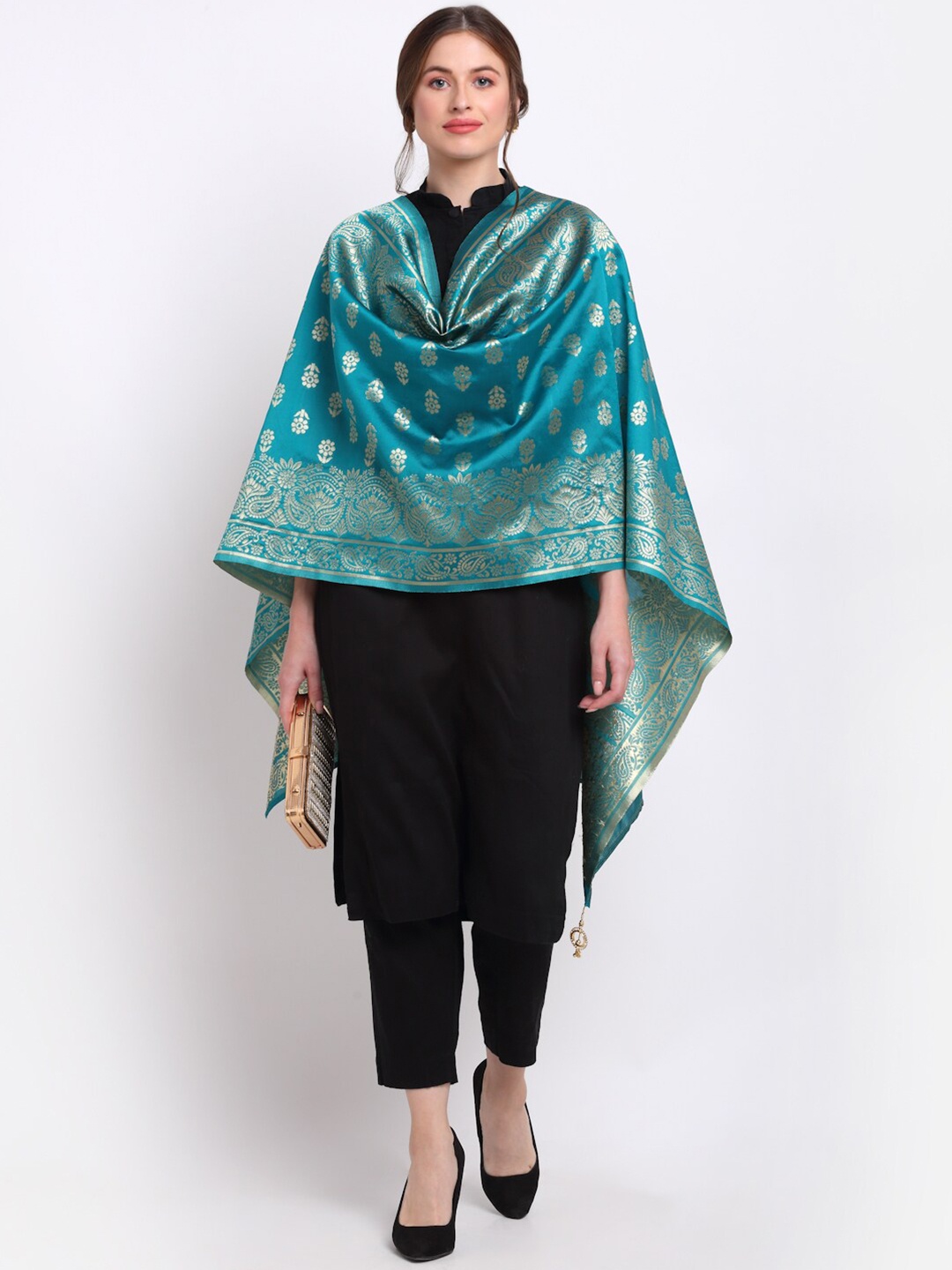 

SOUNDARYA Woven Design Cotton Silk Dupatta with Zari, Turquoise blue