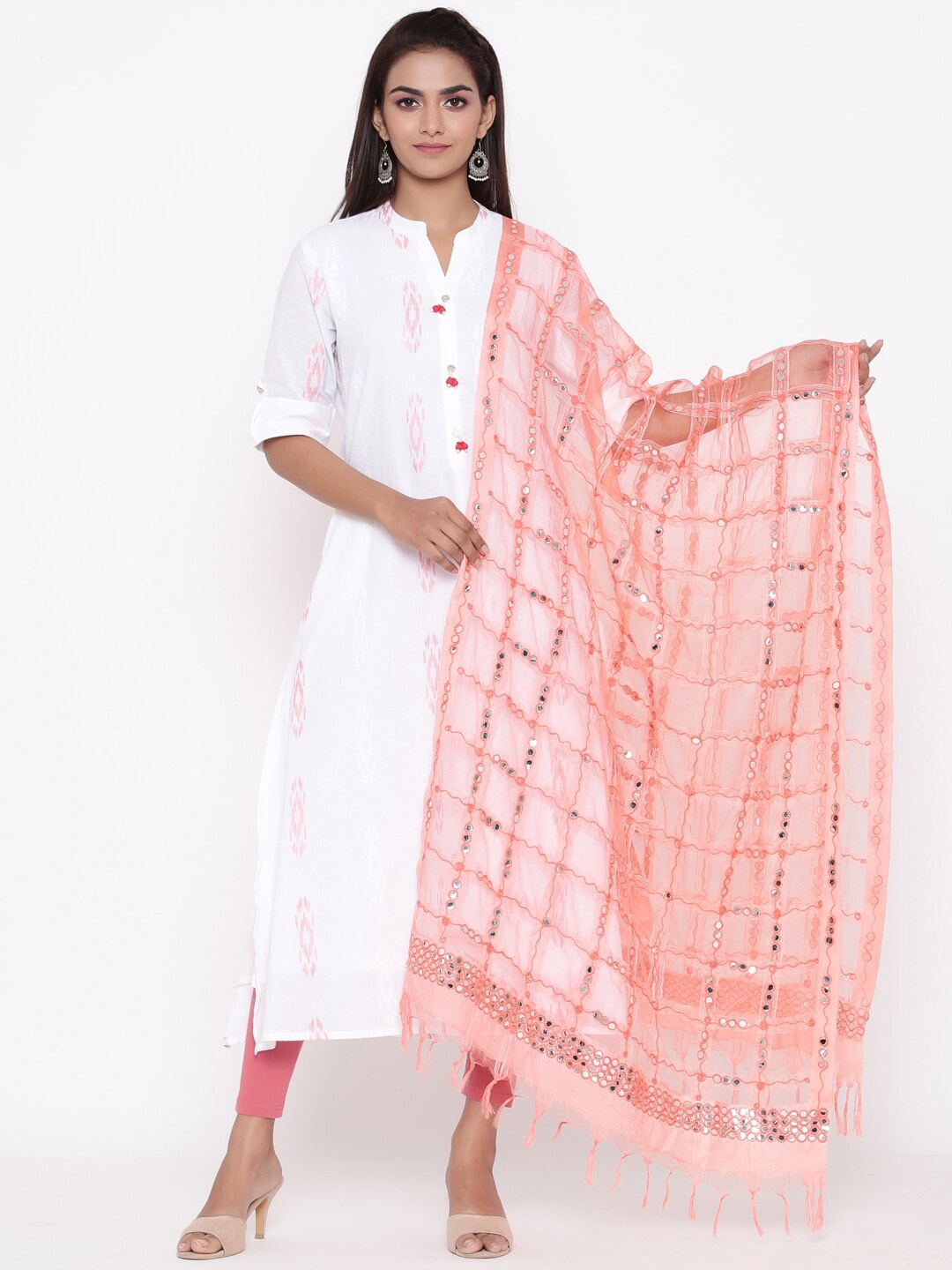 

SOUNDARYA Checked Organza Dupatta with Mirror Work, Peach