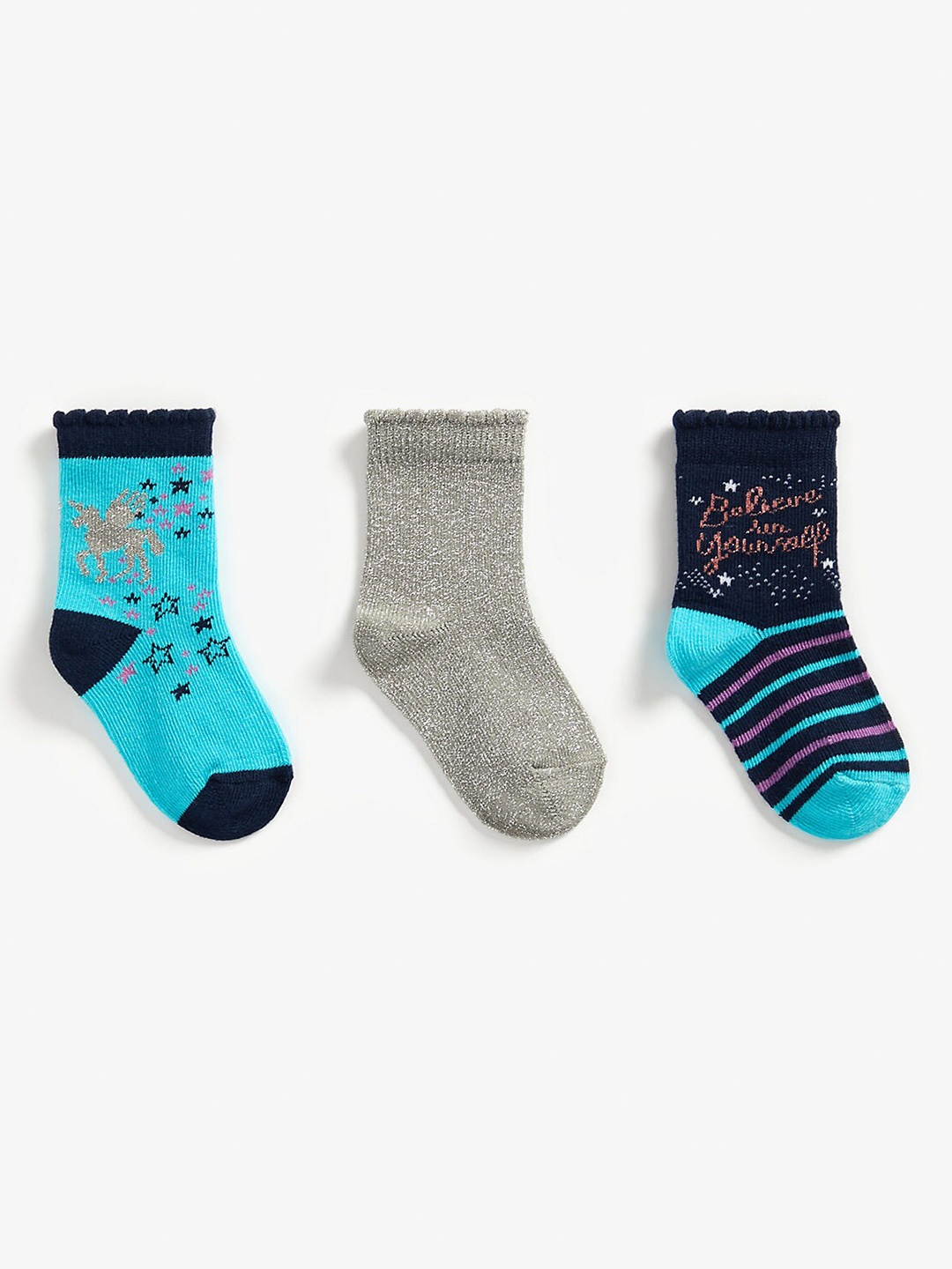 

mothercare Girls Pack Of 3 Patterned Cotton Ankle Length Socks, Silver