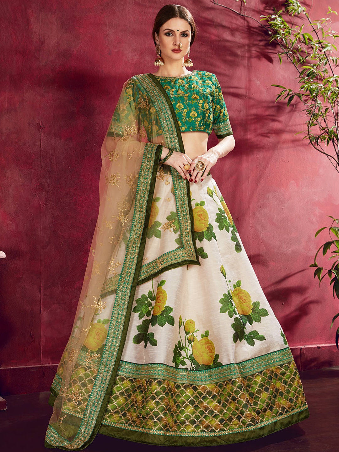 

FABPIXEL Embroidered Shibori Semi-Stitched Silk Lehenga Choli With Dupatta, Cream