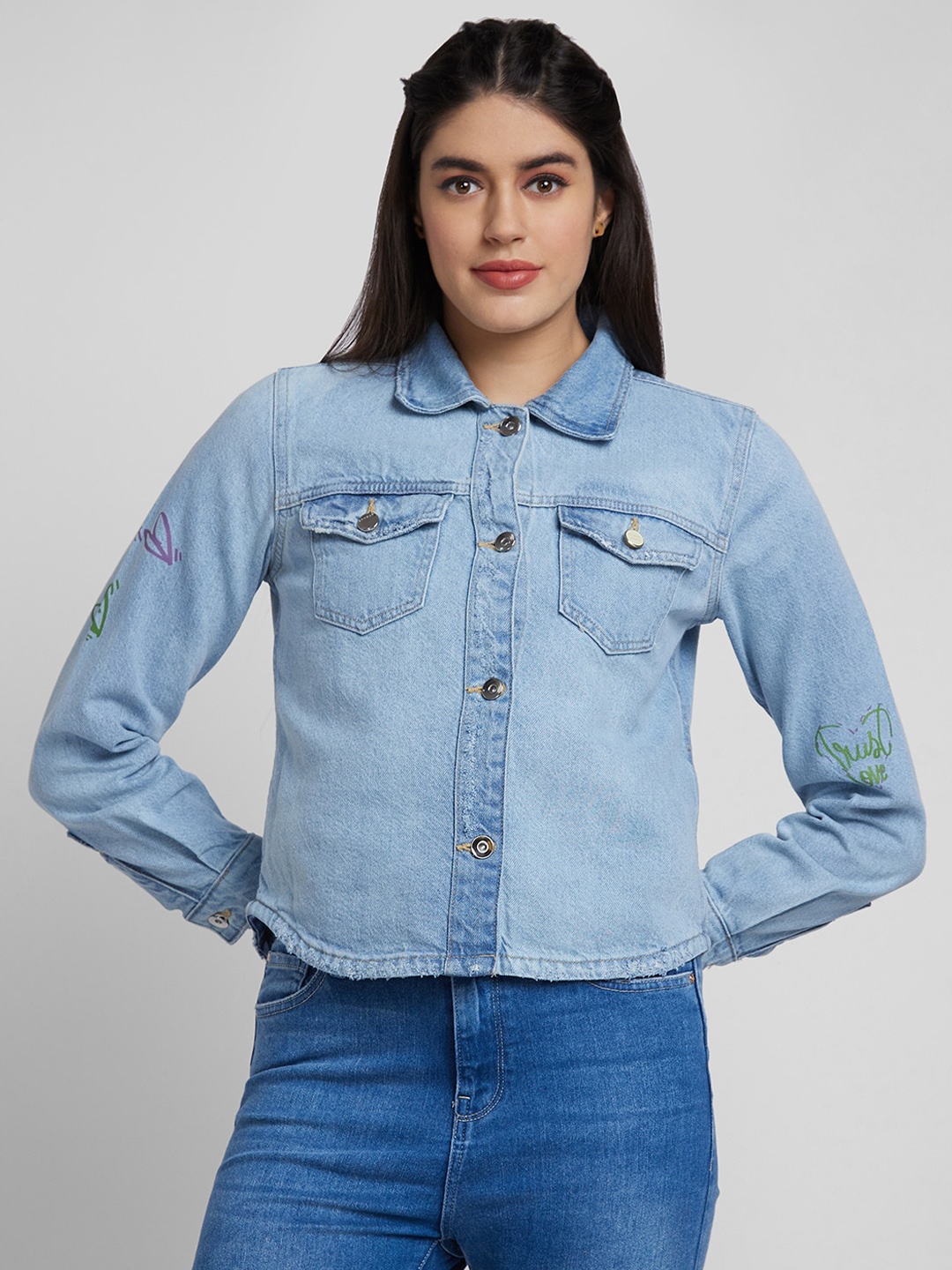 

SPYKAR Women Crop Cotton Denim Jacket, Blue