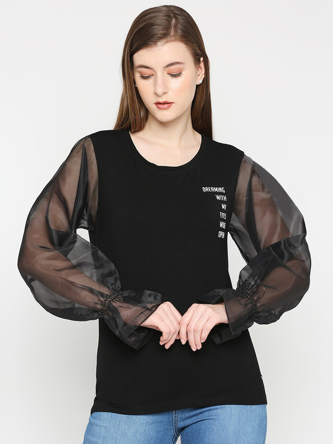 

SPYKAR Round Neck Long Sheer Sleeves Cotton Slim Fit Top, Black