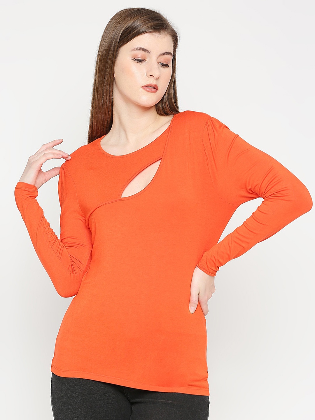 

SPYKAR Cut outs Long Sleeve Cotton T-shirt, Orange