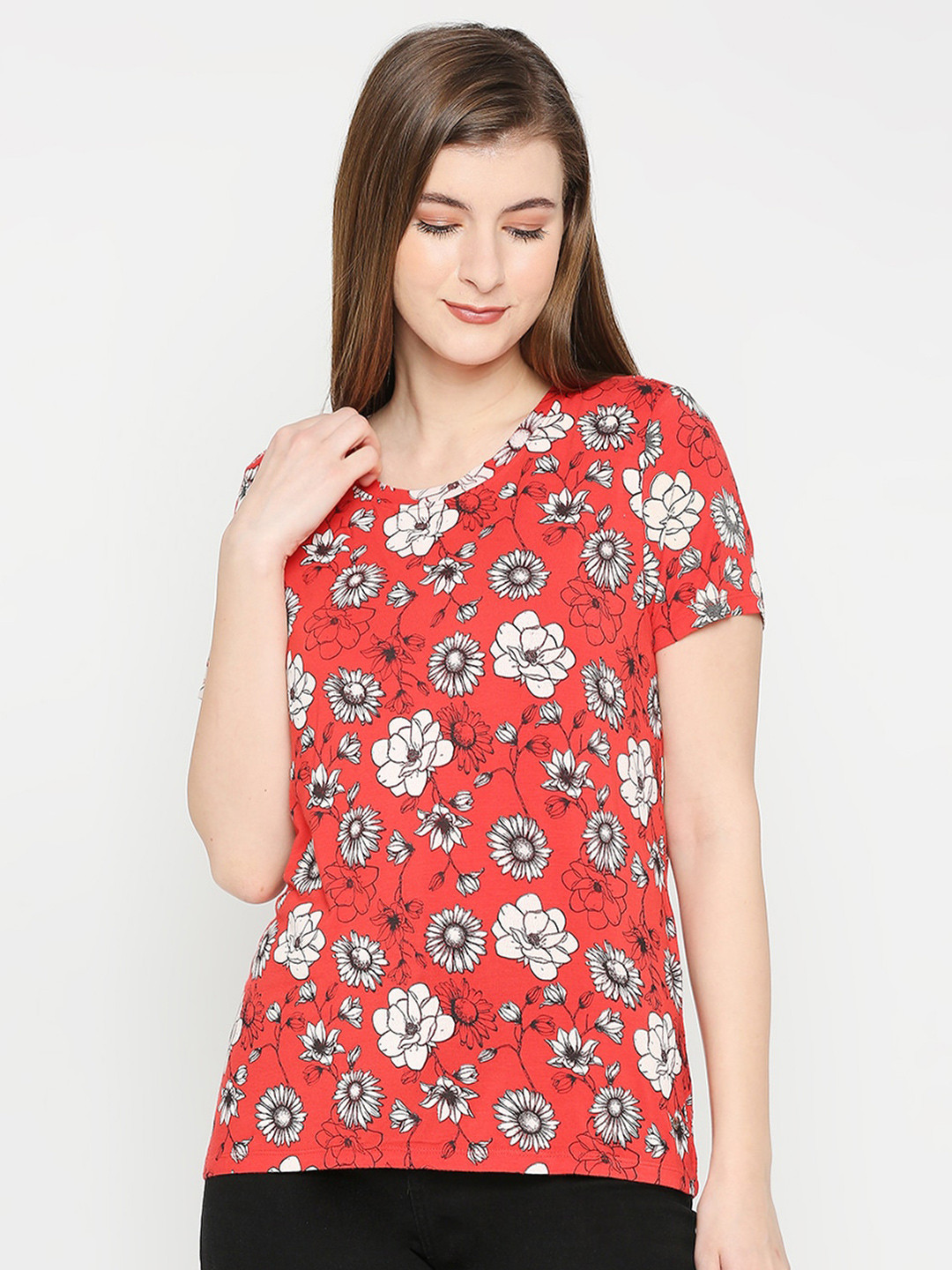 

SPYKAR Floral Printed Cotton T-shirt, Red