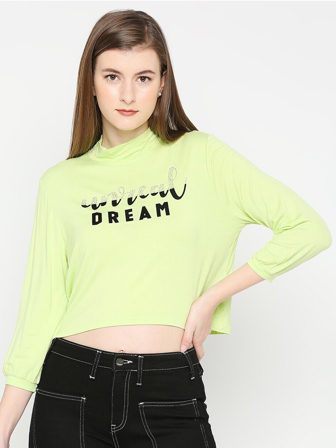 

SPYKAR Typography Printed High Neck Cotton T-shirt, Lime green