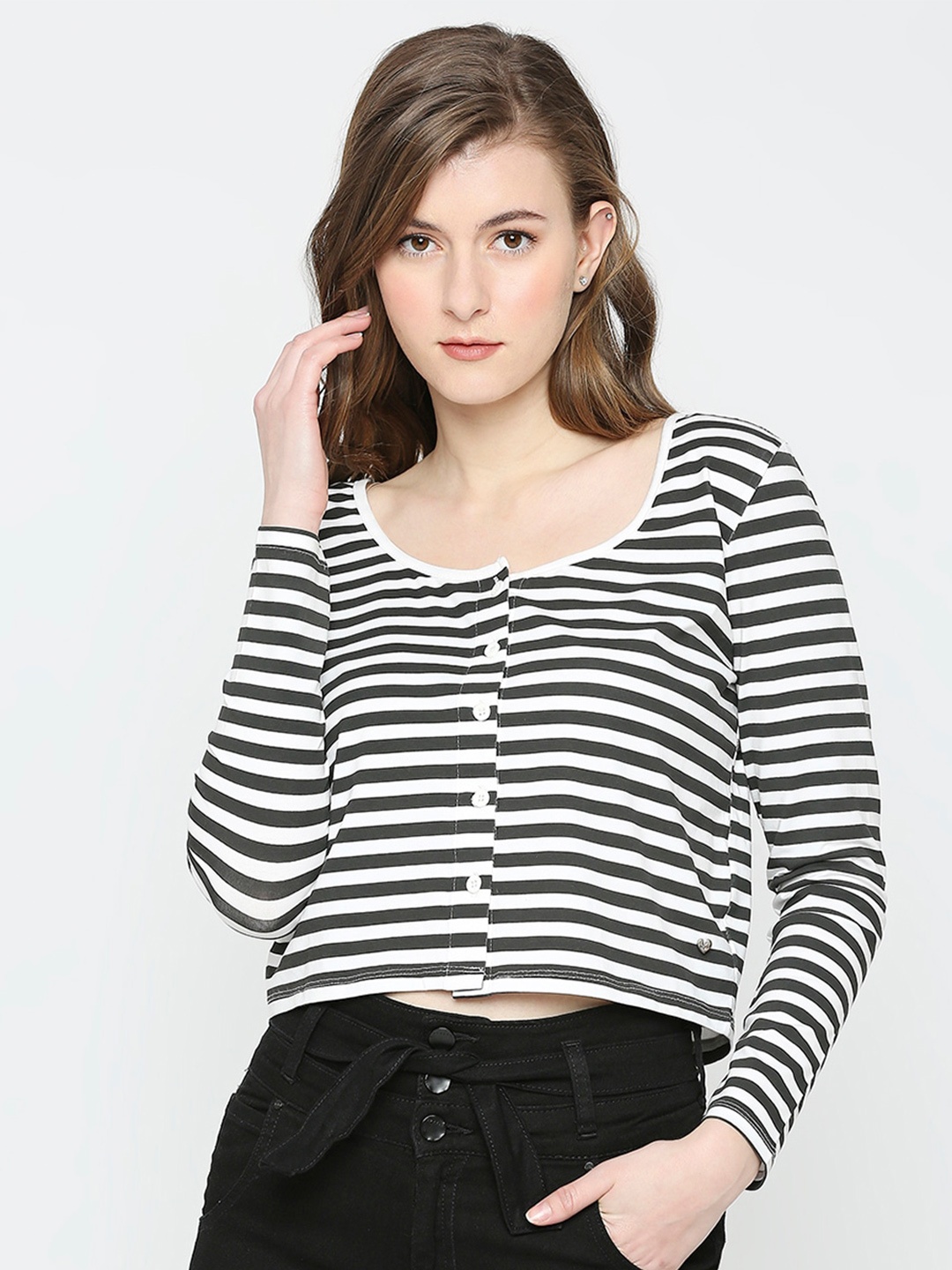 

SPYKAR Monochrome Striped Long Sleeve Shirt Style Top, Black