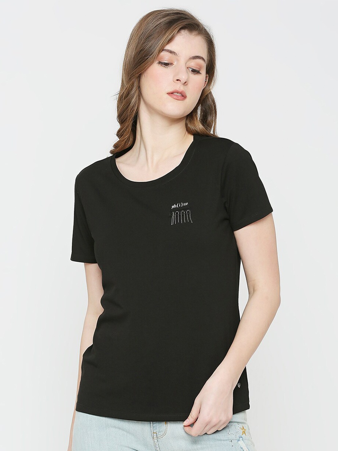 

SPYKAR Round Neck Cotton T-shirt, Black