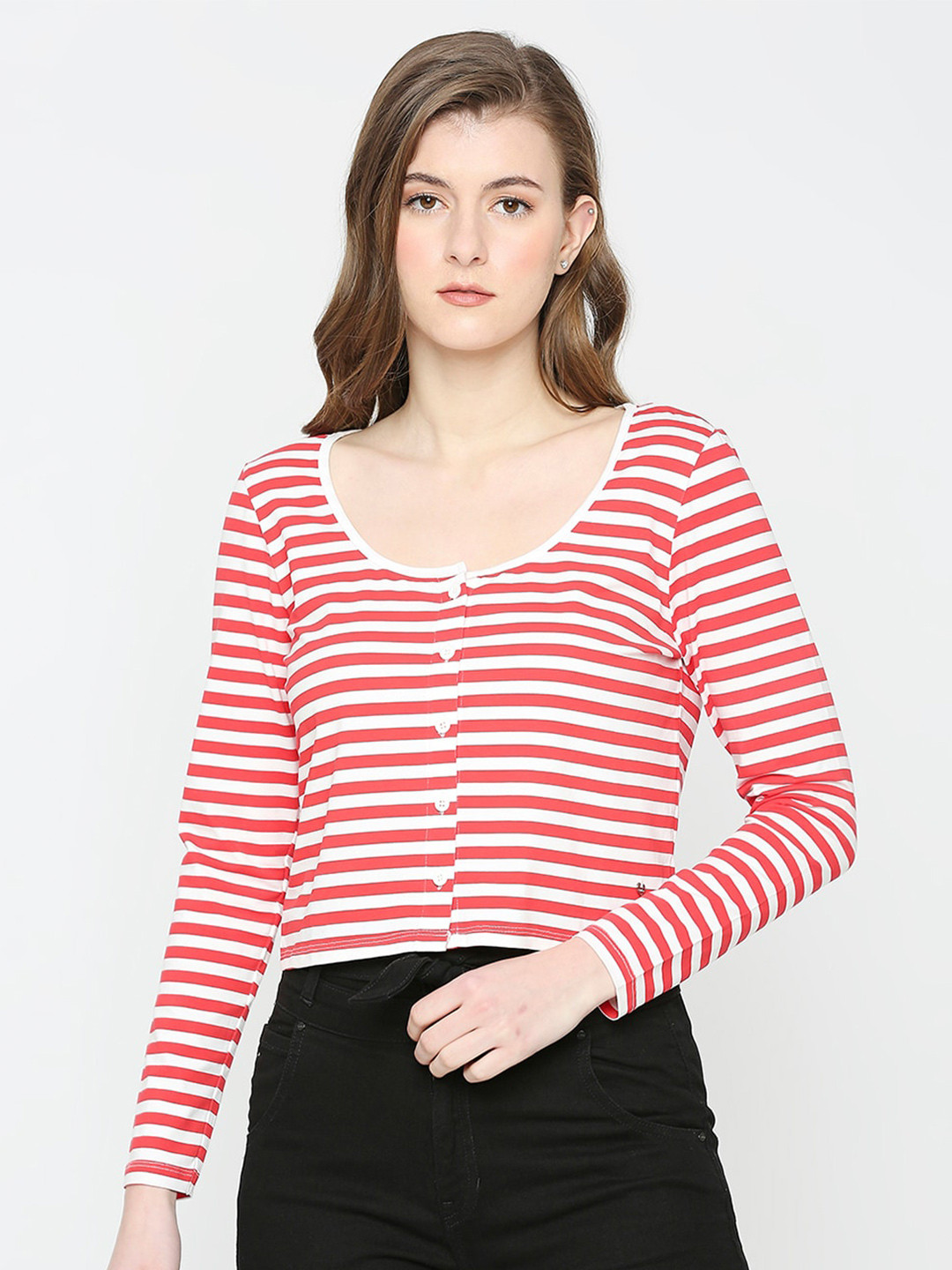 

SPYKAR Striped Henley Neck Cotton Slim Fit T-shirt, Red