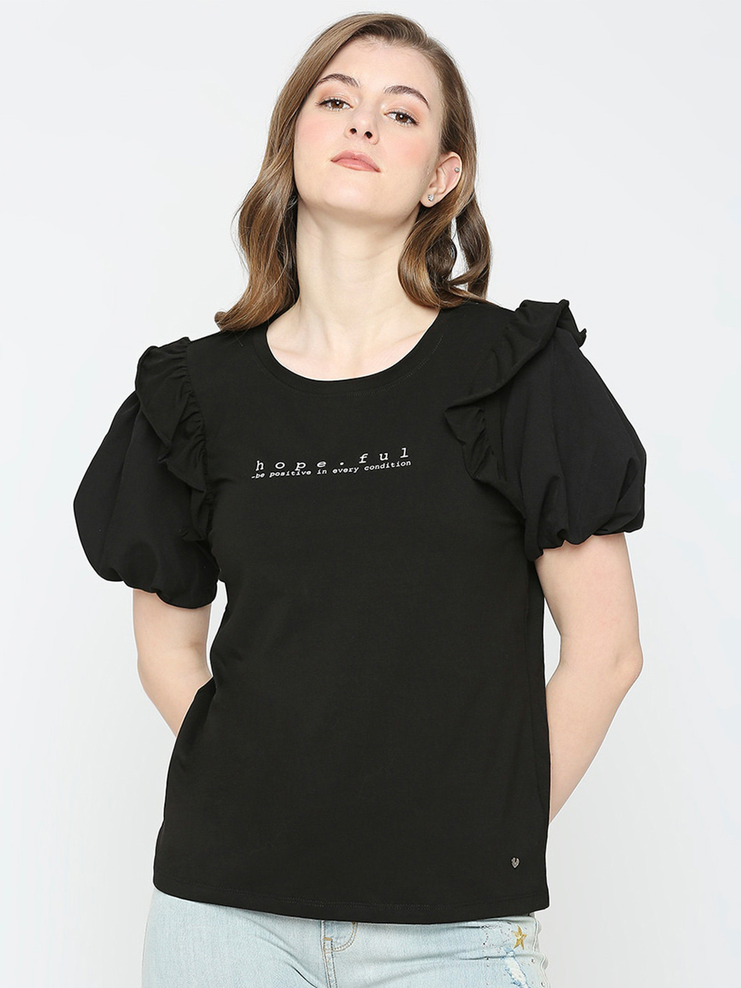

SPYKAR Typography Puff Sleeves Cotton T-shirt, Black