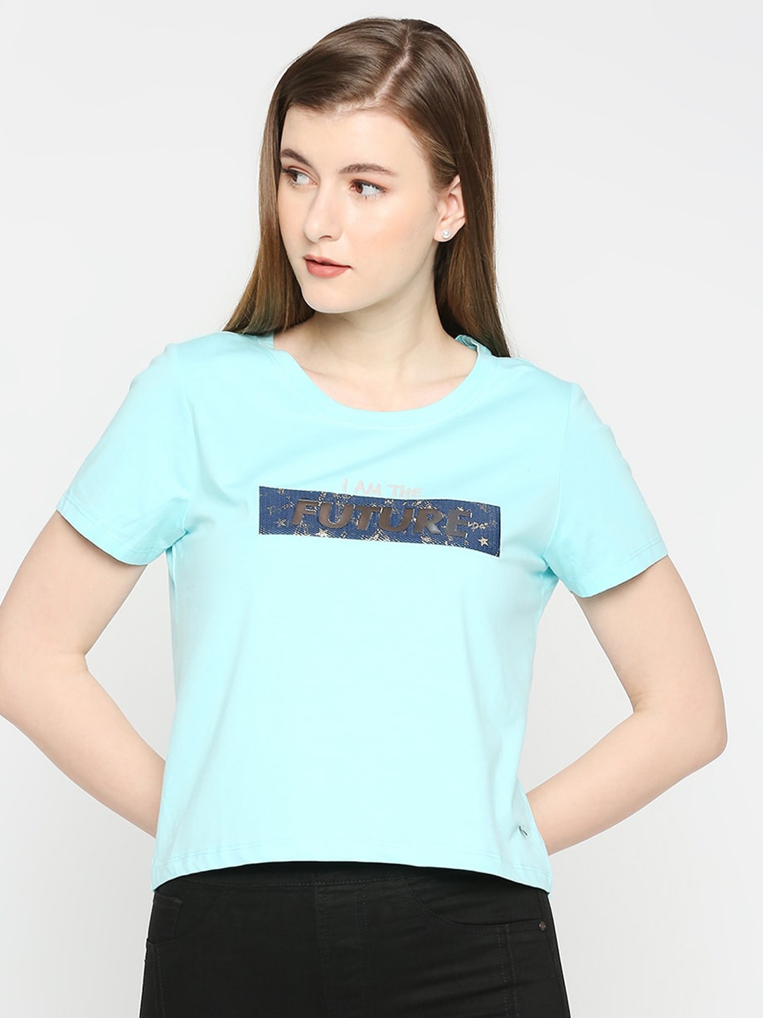 

SPYKAR Typography Printed Cotton T-shirt, Turquoise blue