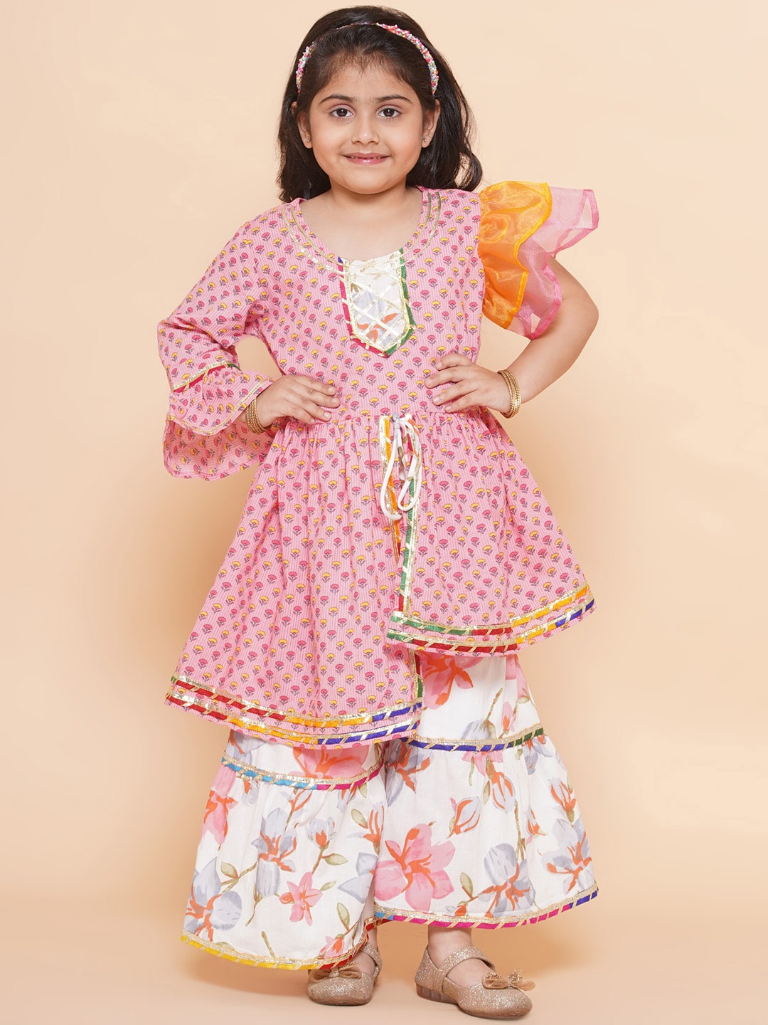 

Aj DEZInES Girls Asymmetric Floral Printed A-Line Pure Cotton Kurta with Sharara, Pink