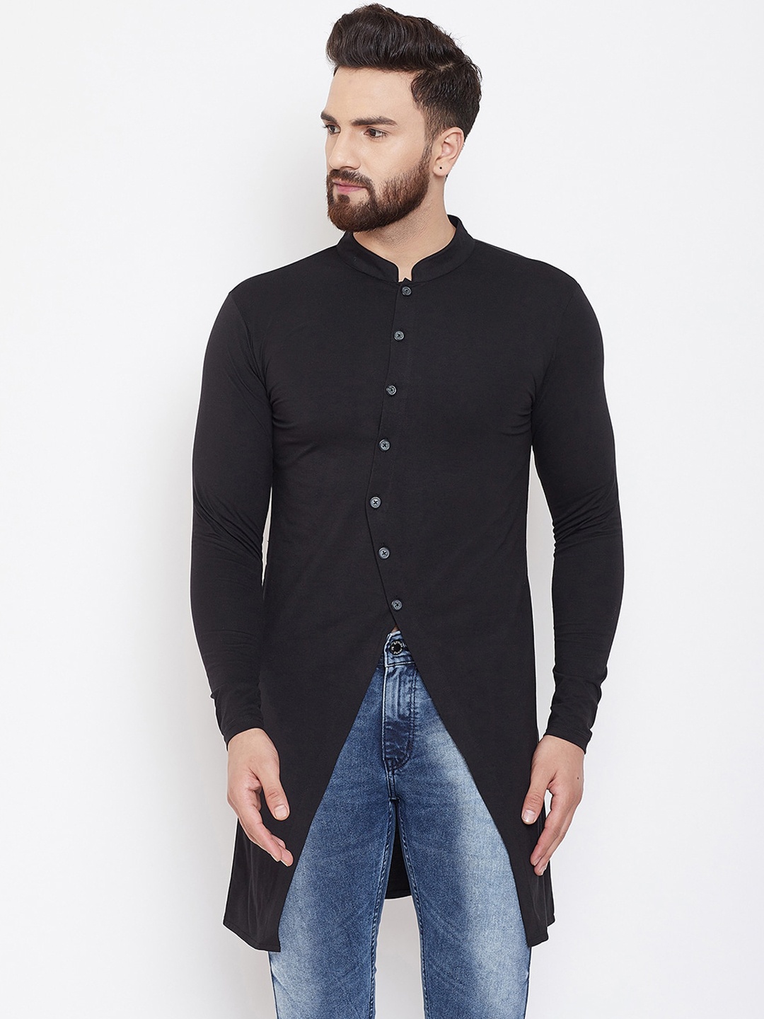 

CHILL WINSTON Mandarin Collar Front-Slit Straight Cotton Kurta, Black