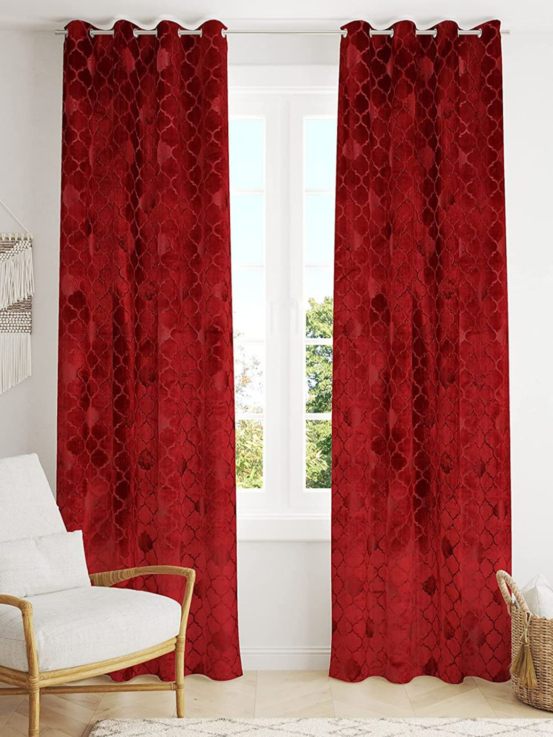 

Bajo's Maroon 2 Pieces Ethnic Motif Velvet Door Curtains