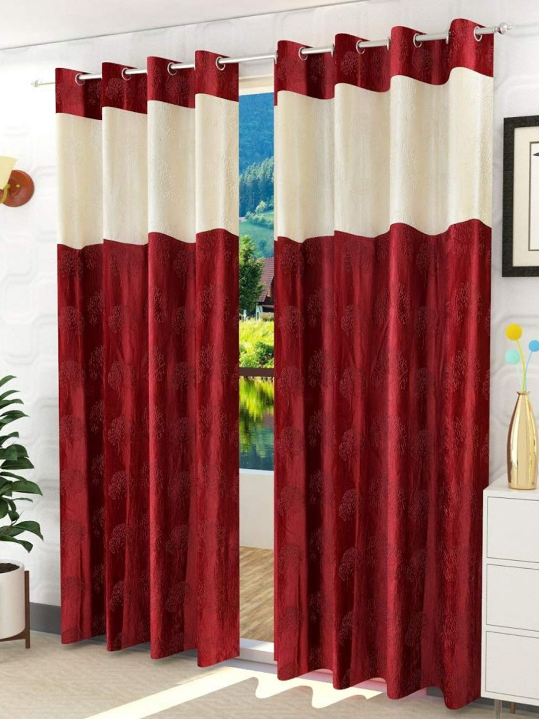 

Bajo's Maroon & Cream-Coloured 2 Pieces Floral Door Curtains