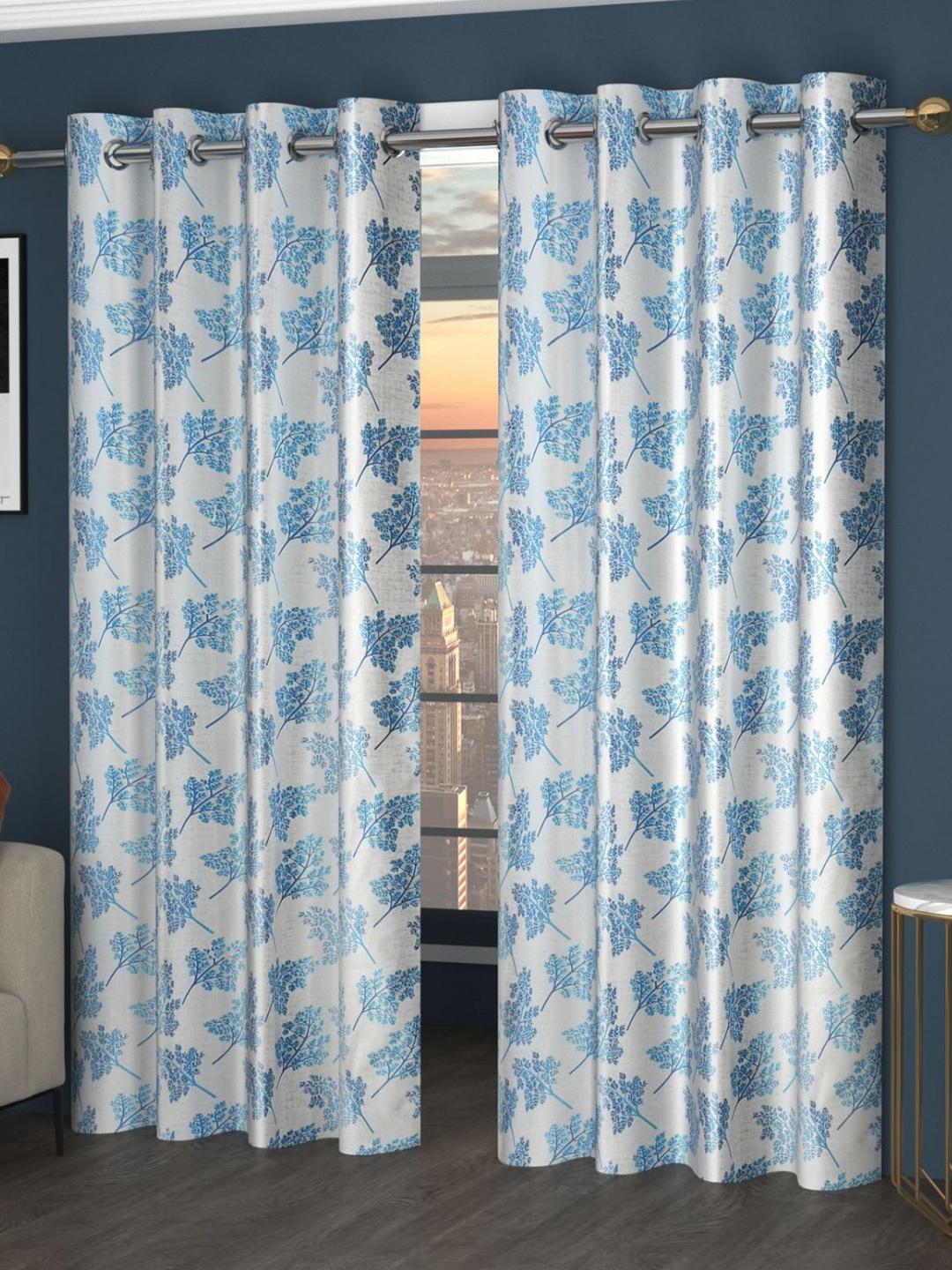 

Bajo's White & Blue 2 Pcs Floral Door Curtains