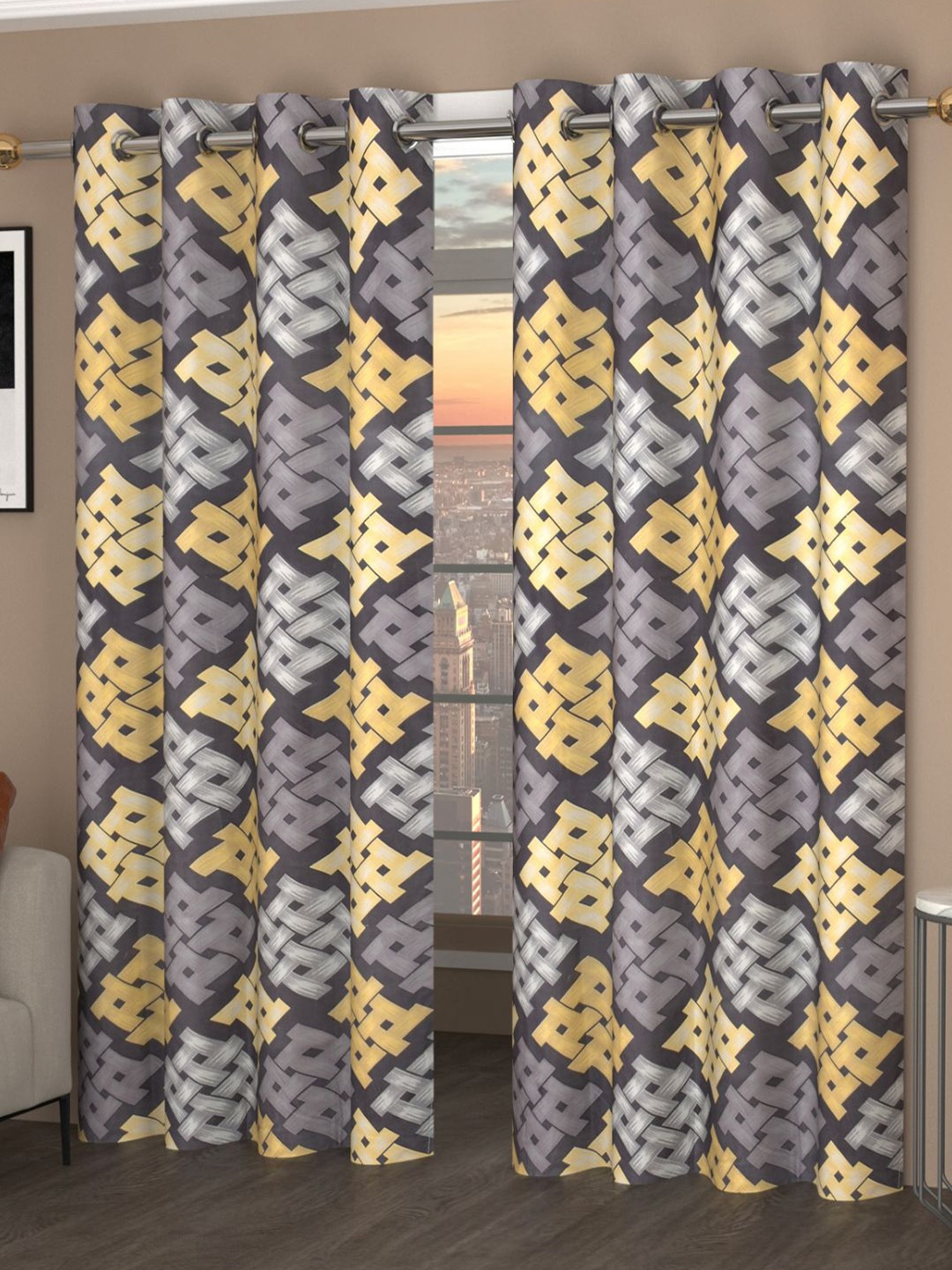 

Bajo's Grey & Yellow 2 Pieces Printed Cotton Door Curtains