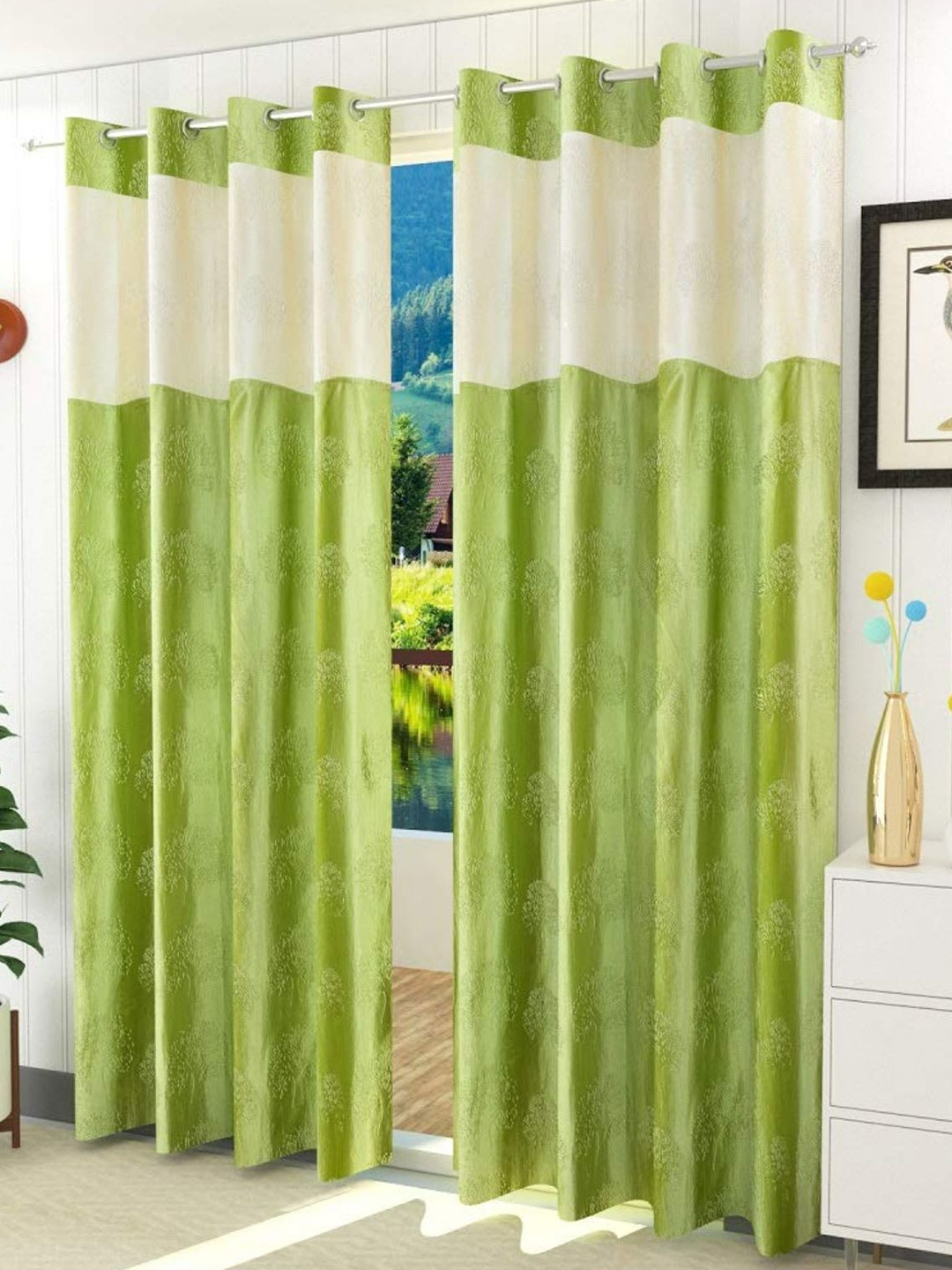 

Bajo's Green & Cream 2 Pieces Floral Door Curtains