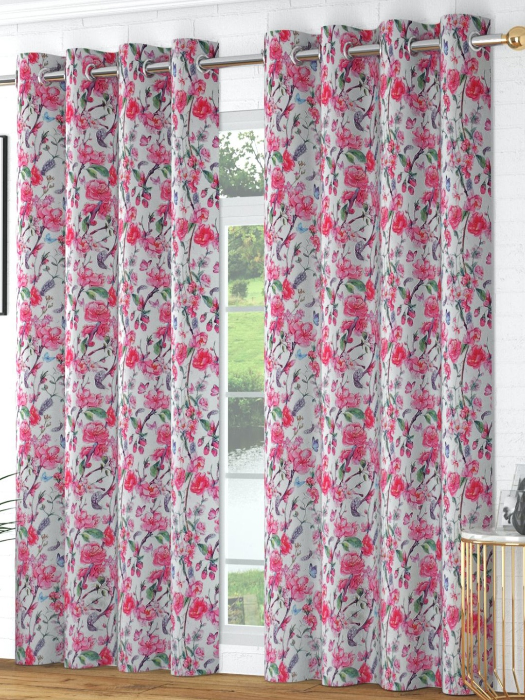 

Bajo's White & Pink 2 Pieces Floral Velvet Door Curtains