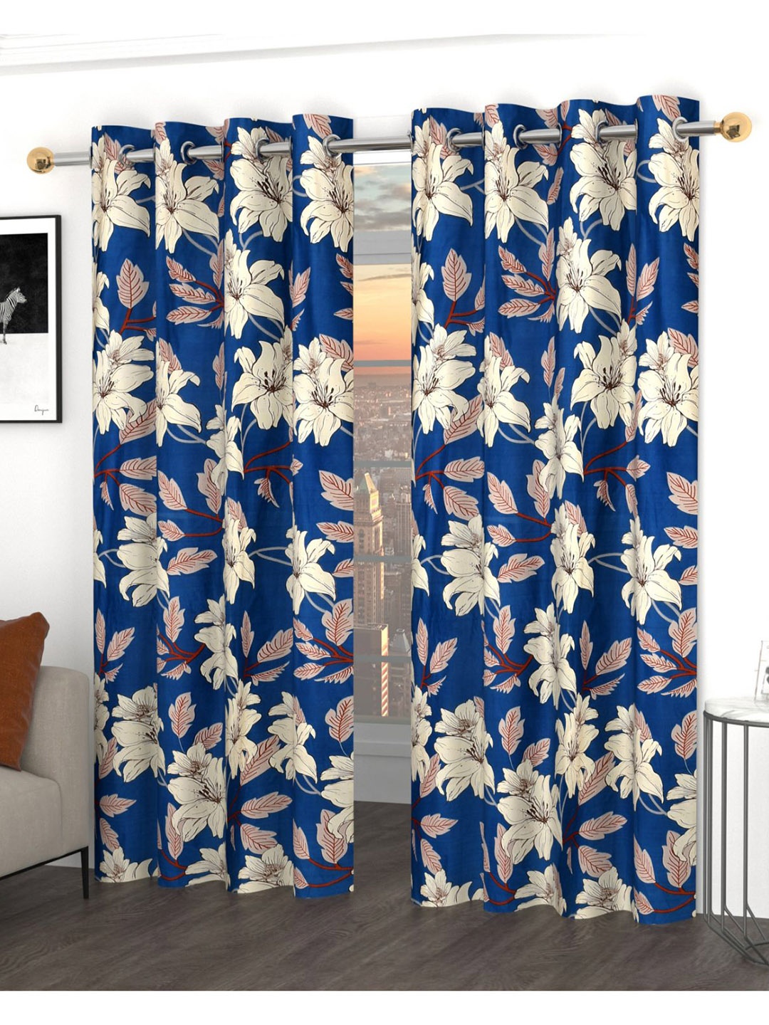

Bajo's Blue & Cream-Coloured 2 Pieces Floral Cotton Door Curtains