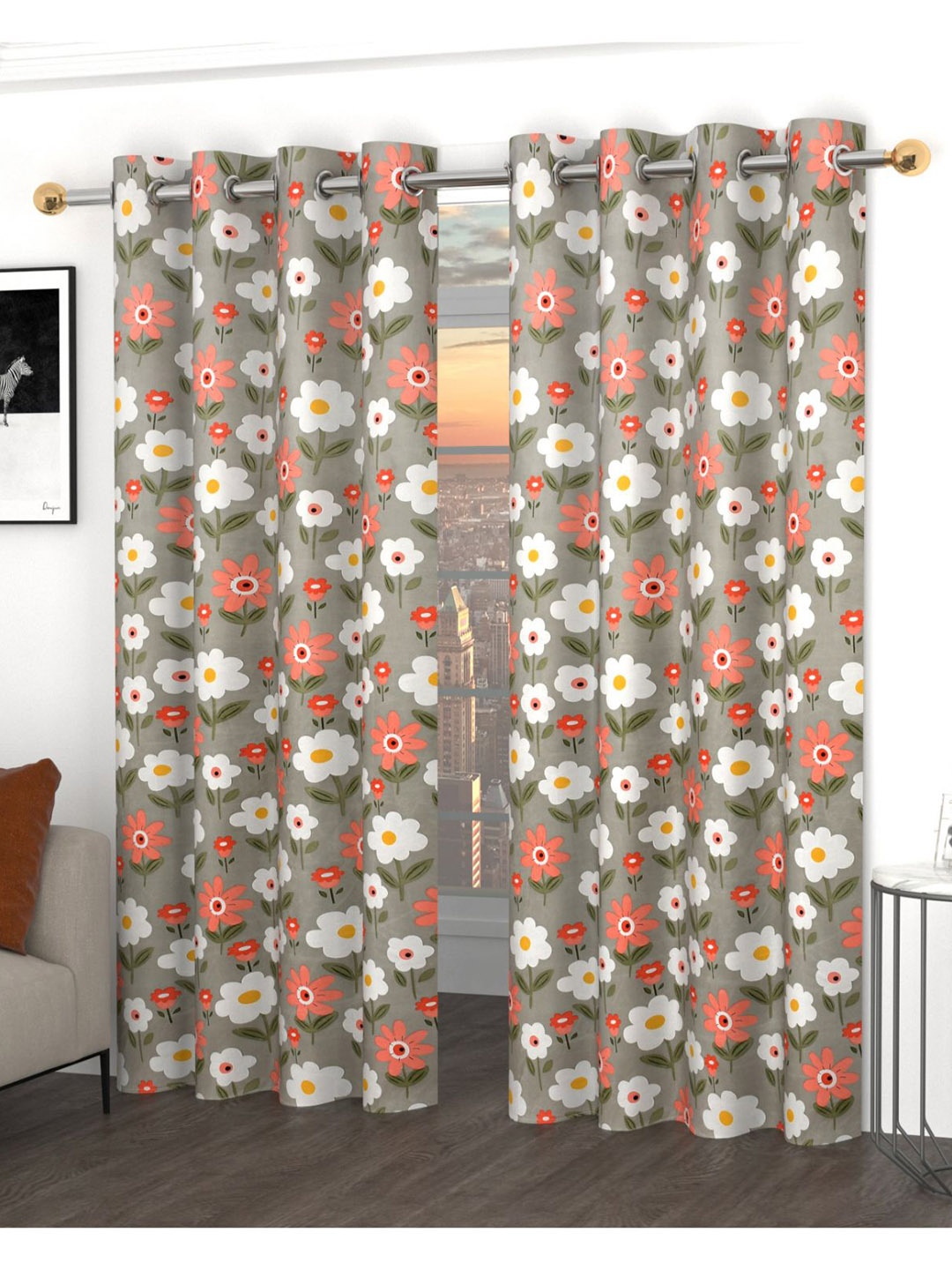 

Bajo's Grey & Coral 2 Pieces Floral Cotton Door Curtains