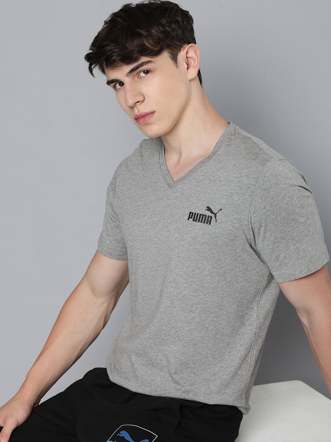 

Puma Men Solid V-Neck Pure Cotton T-shirt, Grey