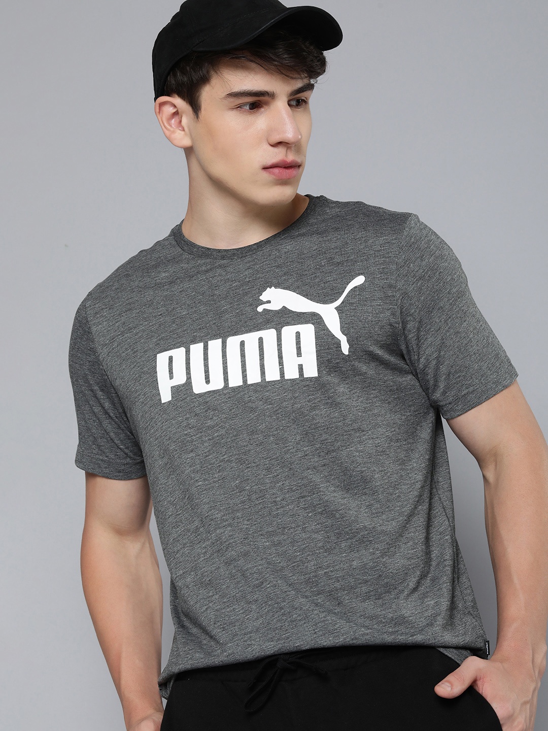 

Puma Men Brand Logo Printed Round Neck Sports T-shirt, Grey melange