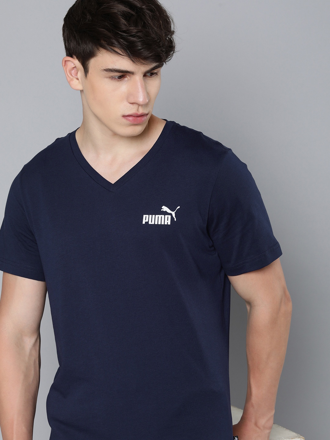 

Puma Men Pure Cotton Solid V-Neck Sports T-shirt With Brand Logo Detail, Navy blue