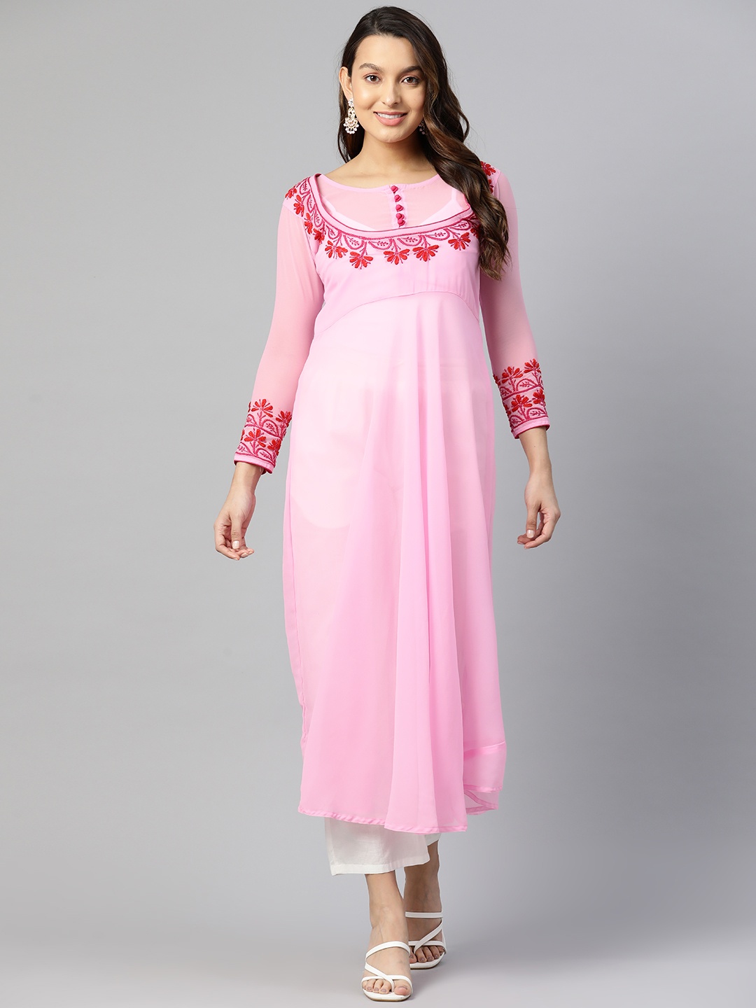SHADES OF FAASHION Floral Embroidered Chikankari Georgette Kurta, Pink