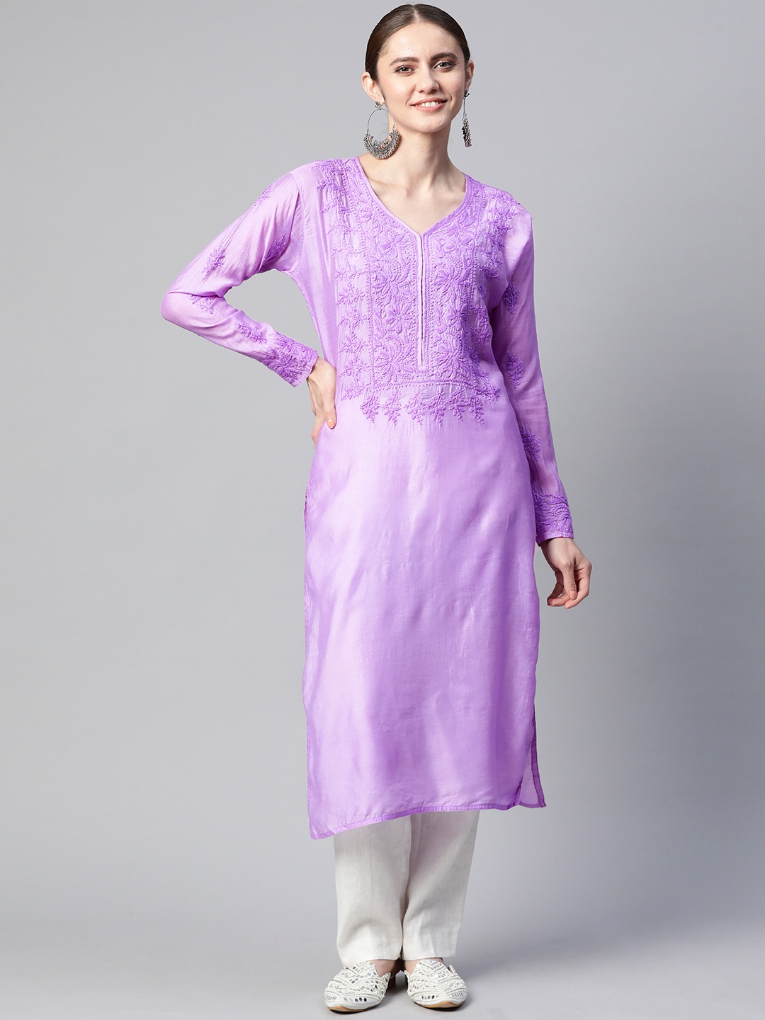 

SHADES Floral Embroidered Chikankari Pastels Kurta, Lavender